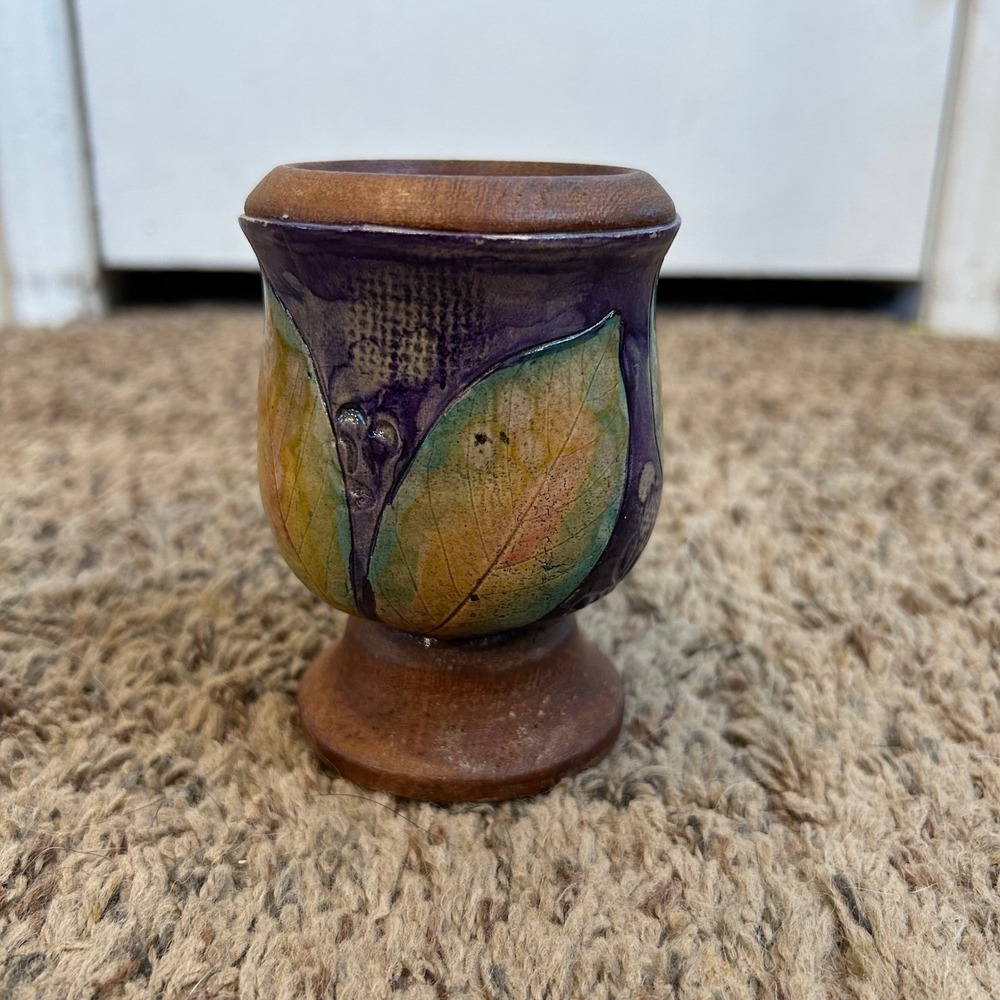 Hand Painted Wooden Yerba Mate Gourd Cup Purple Leaf Botanical Folk Art Vessel